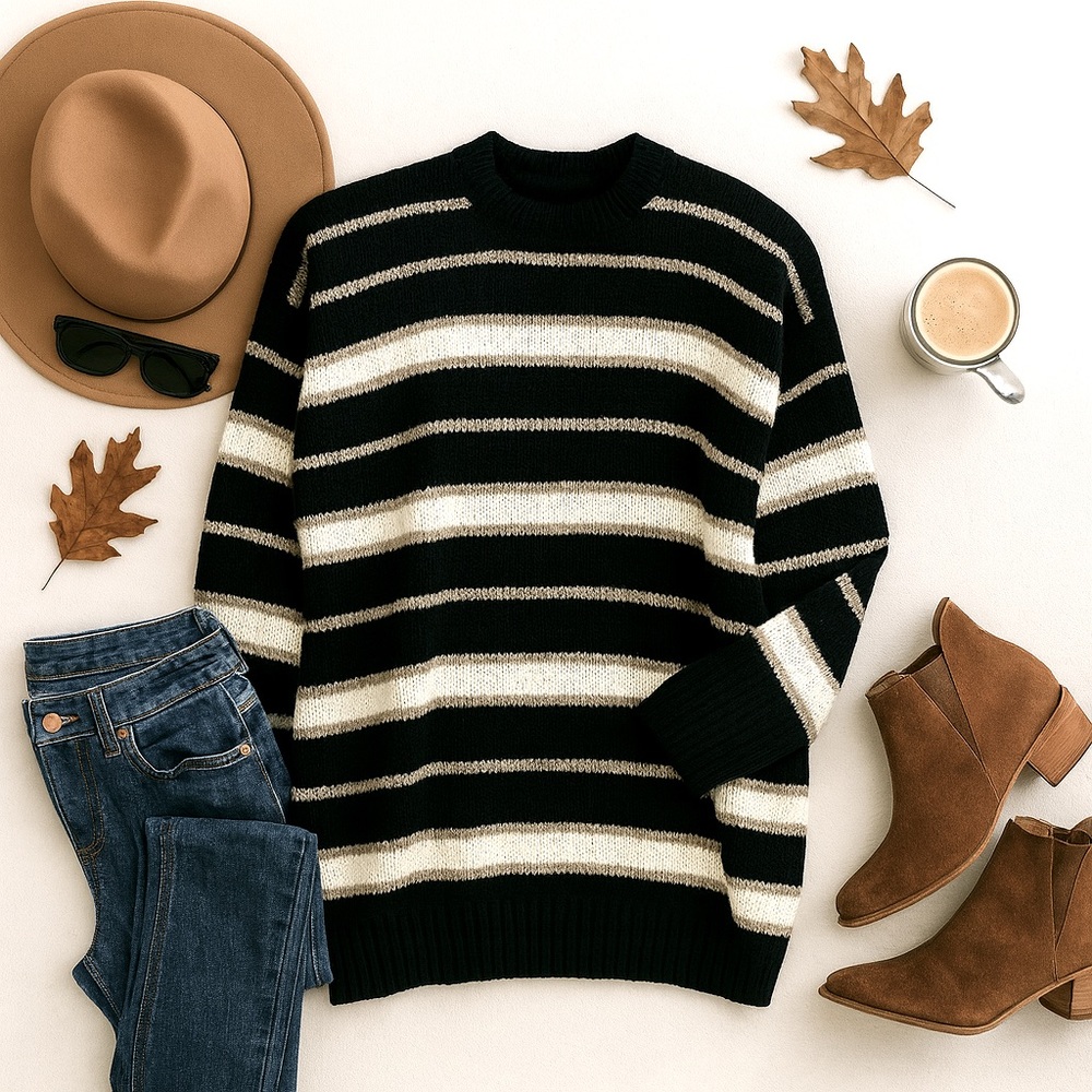 Wool-blend Rib-knit Oversized Sweater Striped In Black & Beige - Large